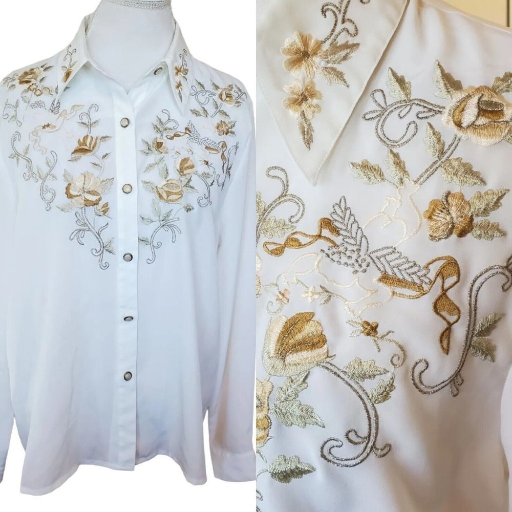 Vintage Ivory Long Sleeve Button Up Blouse Sheer Floral Embroidered Cherub XL